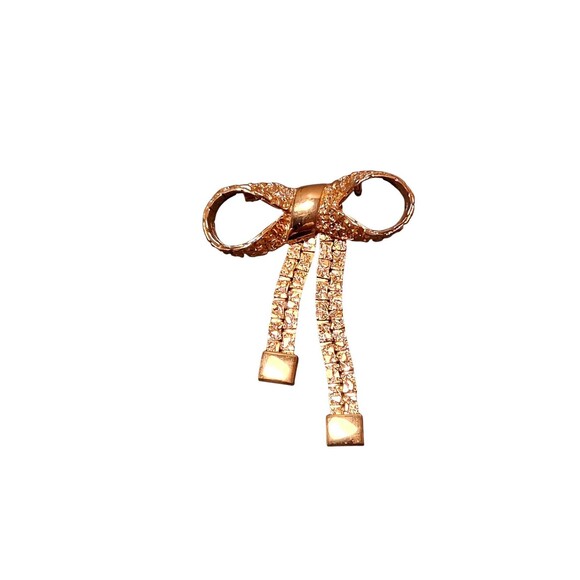 Gold Tone Bow Brooch Pin Textured Mesh Ribbon Tails Dangle Costume Jewelry - Picture 1 of 4